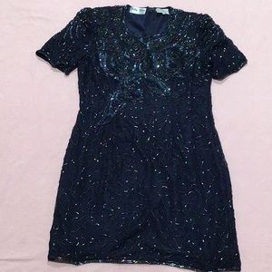 Vintage 80s Silky nites navy silk sequined  dress shoulder pads petite large